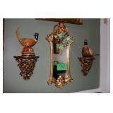 fleur-de-lis mirror, gold wall shelves, 2 pheasant