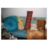 Vintage stuffed toys &blue bench with cushion