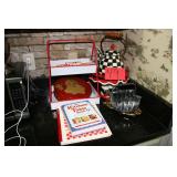 Mackenzie Childs tea kettle, Xmas Santa stand,