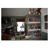 Checkered lamp, bobble head, books, clocks