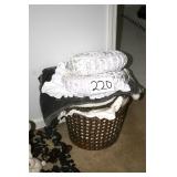 Basket of Pillows Linens and Blankets