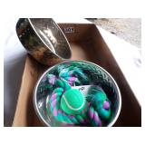 stainless steel dog bowls (2) and toys