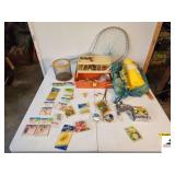 PLANO TACKLE BOX WITH FISHING TACKLE EAGLE CLAW HOOKS - JIGS - SUPER SHAD MINNOWS - BRASS COLLECTORS - FISHING CHAINS - SCISSORS - CORKS - 6 STYROFOAM CATFISH JUG FISHING FLOATS - FISHING NET - MINNOW