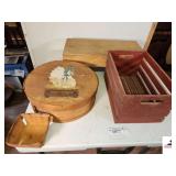 ROUND CHEESE BOX WITH HEN & EGGS VINTAGE SLATTED CRATE PAINTED RED - PLYWOOD TOP STEP STOOL - QUART STRAWBERRY BOX - (UPSTAIRS)