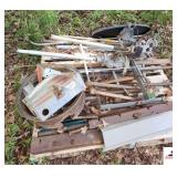 (2) PALLETS - MISC. - SALVAGE STEEL PCS.- ELECTRIC BOX - TIRE RIM - STEEL CHANNEL & PLATE  2 GAS PUMPS - SATELLITE DISH - WIRE - ETC  (WEST OF TOOL SHED)