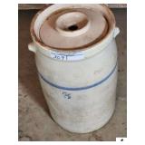 NO. 6 CHURN HANDLE MISSING - HAS BLUE RING - TOP IS CHIPPED - NO DASHER - (GARAGE)