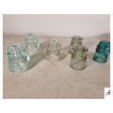 (6) GREEN & CLEAR GLASS INSULATORS - 10 TOTAL PIECES - A & P TEL. CO. (CHIPPED & DAMAGED ) HEMMINGRAY U.S. CLEAR - (2) HEMMINGRAY -42 CLEAR - (2) ARMSTRONG TS 49-58 - (GARAGE)