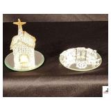 MINIATURE GLASS TRAIN & MIRROR WITH PAINTED TRACKS & MINIATUE GOLD & CLEAR GLASS CHURCH - (CHINA CABINET)