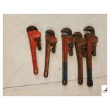 (5) PIPE WRENCHES MISC SIZES, 3 RIGID, 12 , 2-10s, 2 SMALL DROP FORGED JAWS - (TRAILER)
