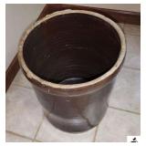 LARGE BROWN CROCK - 14 1/2" DIAMETER - 17" TALL - ROUGH INTERIOR - RIM SHOWS PAINT WEAR OFF - (KITCHEN)