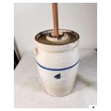 124#4 BLUE RING BUTTER CHURN STONEWARE NEEDS CLEANING - LID HAS SOME CHIPS - DASHER IS MORE MODERN - HAS HANDLES - SMALL CRACK LINE ABOVE HANDLE - LID HAS SOME EDGES - (UPSTAIRS)