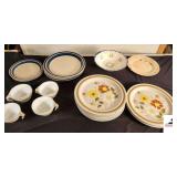 PLATE ASSORTMENT (8) TRAILSIDE BY DANIELLE PLATES, 2 CHIPPED - (4) H. P. STONEWARE ESTATE PLATES & (3) DESSERT PLATES - (7) CORELLE CUPS (GARAGE)