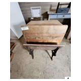 PRIMITIVE STUDENT INLINE DESK FRONT SEAT AND BOOKSHELF IN BACK FOR THE NEXT SEAT - WROUGHT IRON LEGS - (GARAGE)