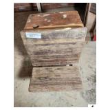 PRIMITIVE SMALL CHILD DESK SLAT SEAT IN BACK - SOME REPAIR ON TOP - PAINT ON TOP AND WRITING - WROUGHT IRON LEGS - (GARAGE)