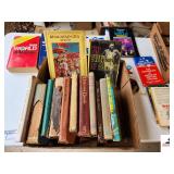 COLLECTION OF BOOKS-ALMANACS - KIDS BOOKS - NOVELS - GREAT GATSBY CLIFF NOTES - WORKOUT BOOKS - KARATE - SCI-FI - (GARAGE)