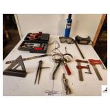 TRAVEL EMERGENCY KIT WRENCHES AND JUMPER CABLES - C-CLAMPS - BEANZOMATIC PROPANE BURNER - WELDING GOGGLES - RULER - ALUMINUM SQUARE - CALIBERS - OIL WRENCHES (TRAILER)