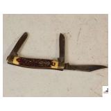 UNCLE HENRY SCHRADE FOLDING KNIFE BONE HANDLE - 3 BLADES - HAS BEEN USED AND CARRIED - (SHOP)