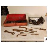 GALVANIZED REPAIR PIPE PARTS TOOLS - SOCKETS - SCREW DRIVERS - ALLEN WRENCHES - WRENCHES ARE RUSTY - PIPE WRENCHES ARE IN A CARRYING CASE - BUCKET OF GALVANIZED USED FITTING - SPRINKLER FITTINGS - (SH