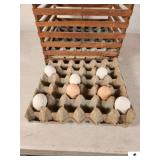 PRIMITIVE EGG CRATE EXCELLENT CONDITION FOR AGE - 2 PAPER CARRIERS - 7 EGGS (2 BROWN, 4 WHITE) MISC COMPOSITES - (GARAGE)