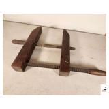 ANTIQUE WOOD CLAMP - ARM ARE 18" LONG - TREADED RODS (FEW MISSING)  - SHOWS SOME WEAR - (GARAGE)