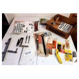 GLASS CUTTERS (3) NEW AIR CHISELS - STANLEY KNIFE CUTTER - PAINT BRUSHES - LETTERING - UTILITY BLADE - LETTER STENCILS - JIG SAW BLADES - RAZOR BLADES - (SHOP)