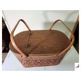 VINTAGE RED-MAN WOVEN PICNIC BASKET PLYWOOD TOP - TIN HANDLES - GOOD CONDITION - PERU, INDIANA - (UPSTAIRS)