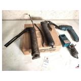 (2) GREASE GUNS SPOUT HAS BEEN REMOVED ON ONE - MAKITA DRIVER DRILL - DRILL INCLUDES CHARGER, BATTERY IS DOWN I CONDITION IS UNKNOWN - (SHOP)