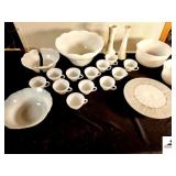 MILK GLASS COLLECTION PUNCH BOWL WITH GRAPE PATTERN & (12) CUPS - DECORATIVE SERVING BOWL - (2) MIXING BOWLS - SUNBEAM MIXER BOWL WITH SPOUT - ONE BOWL IS CRACKED IN HALF, NEEDS GLUING - TWO BUD VASES