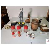VINTAGE COLLECTIBLES OAK MINITURE BARREL COIN BANK - WOOD WITH BRASS BANDS - SET OF SALT & PEPPER, ACCENT SHAKERS-PLASTIC - CHINA SALT & PEPPER DOG SHAKERS - 2 CERAMIC SOUP BOWLS, SMALL LADLE, BLUE PI