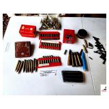 LEATHER SHELL POUCH-3-30 06 CARTRIDGES SOFT POINT 308 SPENT BRASS-HORNADY 45 CAL MUZZLELOADING AMMO-5 LIVE ROUNDS OF SOFT PINT AMMO-MASTER 38 SPECIAL SPENT BRASS-CAN OF PRIMERS-MISC LIVE ROUNDS-BAGS O