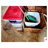 WOOD CRATE-WOOD MEASURING STICK-WOOD BOX 2 PLASTIC BUCKETS, SMALL PLASTIC TUN-SHOP BROOM-FIBERGLASS PRONG POLE(SHOP)
