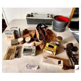 HIBBARD SPENCER FOOD CHOPPER #7-LEATHER TOOLBELT PORTER NAILS-MISC NAILS/WASHERS-HANGING STORAGE TRAY-PLASTIC BUCKET(SHOP)