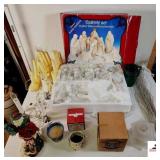 NATIVITY SCENE 10PC HANDPAINTED PORCELAIN SANTA CLAUSE WITH GIFTS - PLASTIC CANDLE LIGHT STANDS - INDIVIDUAL LIGHTS - CRYSTAL ETCHED LIGHT - BUCKETS - PORCELAIN CANDLE HOLDER - MISC - COMES WITH PLAST