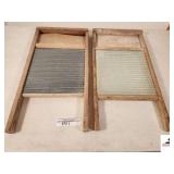 VINTAGE WASHBOARD WITH GLASS WASHBOARD FRAME IS DAMAGED - EDGE OF FRAME IS DAMAGED - ADDITIONAL PRIMITIVE WASHBOARD WITH SLATS - SLATS ARE LOOSE - PART OF FRAME IS INTACT & TOP BOARD IS MISSING - (GAR