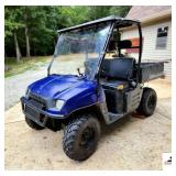 POLARIS RANGER 4X4 500 ELECTRONIC FUEL INJECTION - BLUE IN COLOR - TILT BED - RUNS & OPERATES - SPRAYER SELLS SEPARATE - CORNER OF DRIVERS SIDE SEAT IS TORN - GOOD TIRES - HAS TRAILER HITCH - PLEXIGLA