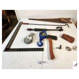 BLUE HAWK 5" STEEL BLOCK, 700 LB. - SWIVEL EYE BLOCK - HATCHET - HAND SAW - ALUM. T-SQUARE - GREEN LEAF #15 PULLER - TRACTOR KEYS (TRAILER)