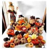 FALL & HALLOWEEN DECORATIONS BEAR WITH PUMPKINS - LADY SCARECROW - CLOTH MADE PUMPKINS - BASKETS - PUMPKIN STAND WITH BASE BROKEN - HANDMADE VEGETABLES - COMES WITH NICE TOTE (UPSTAIRS)