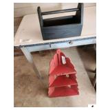 RED CORNER WHAT-NOT SHELF TOP SHELF DETERIORATING - PAINT CHIPPED SOME - SMALL BLACK HANDLED TOOLBOX - (GARAGE)