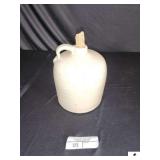 STONEWARE JUG W/ HANDLE - WHITE - CORN COB STOPPER - 7 1/2" BASE - 9" TALL - (KITCHEN)