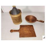 LANCASTER APPLE CIDER MILL ( TIN & WOOD BUCKET) METAL VAIL - CORK -  ROUND SERVING BOWL WITH HANDLE - - EARLY VINTAGE BREAD BOARD - (NW BEDROOM)