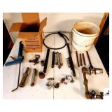 USED GALVANIZED PIPE REPAIR CAULKING GUN - BUCKET OF SMALL PIPE - (3) 5 GALLON BUCKETS OF USED PARTS - PVC ELBOWS - SUPPLY LINES (SHOP)