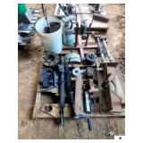 PALLET - RAILROAD IRON ANVIL 4" VICE - STEEL BRACKET AND GATE HINGES - TRAILER JACKS - USED ELECTRIC MOTORS - BUCKET OF NAILS - TWO SUPORT TANKS - SPRAYER - PRESSURE GAUE STAND - (IMP SHED)