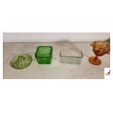 GREEN DEPRESSION GLASS JUICER (CLIPPED LIP) - CLEAR DEPRESSION SALT DISH - GREEN DREPRESSION REFRIGERATOR DISH - AMBER PEDESTAL CANDY DISH FLUTED RIM -  (NW BEDROOM)