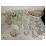 HIGH BALL GLASSES - JUICE GLASSES - WATER GLASSES PYREX STYLE COVERED BOWL - WOODEN BOX - BEEN STORED, NEED WASHED (UPSTAIRS)