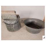 DE LUXE GALVANIZED MOP BUCKET GALVANIZED WASH PAN - GOOD CONDITION FOR AGE - DISH PAN HAS HANDLES - (GARAGE)
