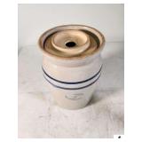 #2 BLUE RING BUTTER CHURN STONEWARE MARSHALL POTTERY, CO. MARSHALL, TEXAS - MARSHALL PART IS MISSING ON THE BLUE RIM - NO DASHER - LID IS SLIGHTLY DIFFERENT COLOR AND SHOWS LINE MARKS - NEEDS CLEANING