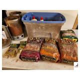 (2) CHARCOAL METAL STARTERS TUB OF HICKORY CHIPS - STARTER FLUID - (SHED)