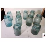 SET OF BALL "PERFECT MASON" GREEN JARS (10) TOTAL - 8 QUARTS, 2 PINTS - NEED WASHED - (UPSTAIRS)