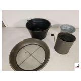VINTAGE BOWL  SIFTER - SCREEN (DAMAGED) COMWELL MEASURING SIFTER - 5 CUP - BLACK WATER BUCKET - SMALL GRAFITED PAN - (NW BEDROOM)