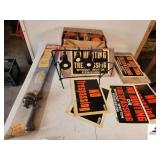 PARTIAL BOX OF CLAY TARGETS 3/4 BOX - ZEPCO 222 ROD & REEL - IRON PISTOL OR RIFLE TARGET - NO TRESPASSING AND NO HUNTING SIGNS - (SHOP)